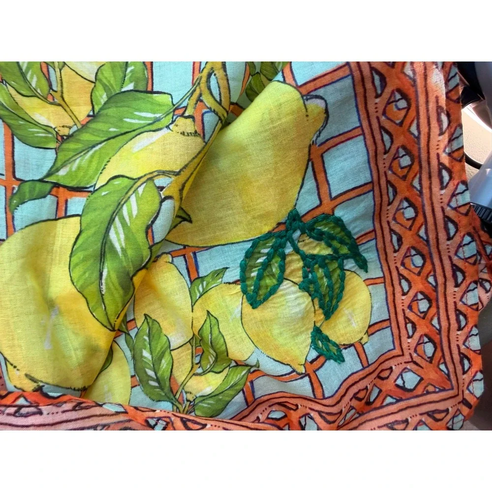 Calypso St. Barth Lemon Print Cotton Sarong Wrap Blue Orange Yellow NWT